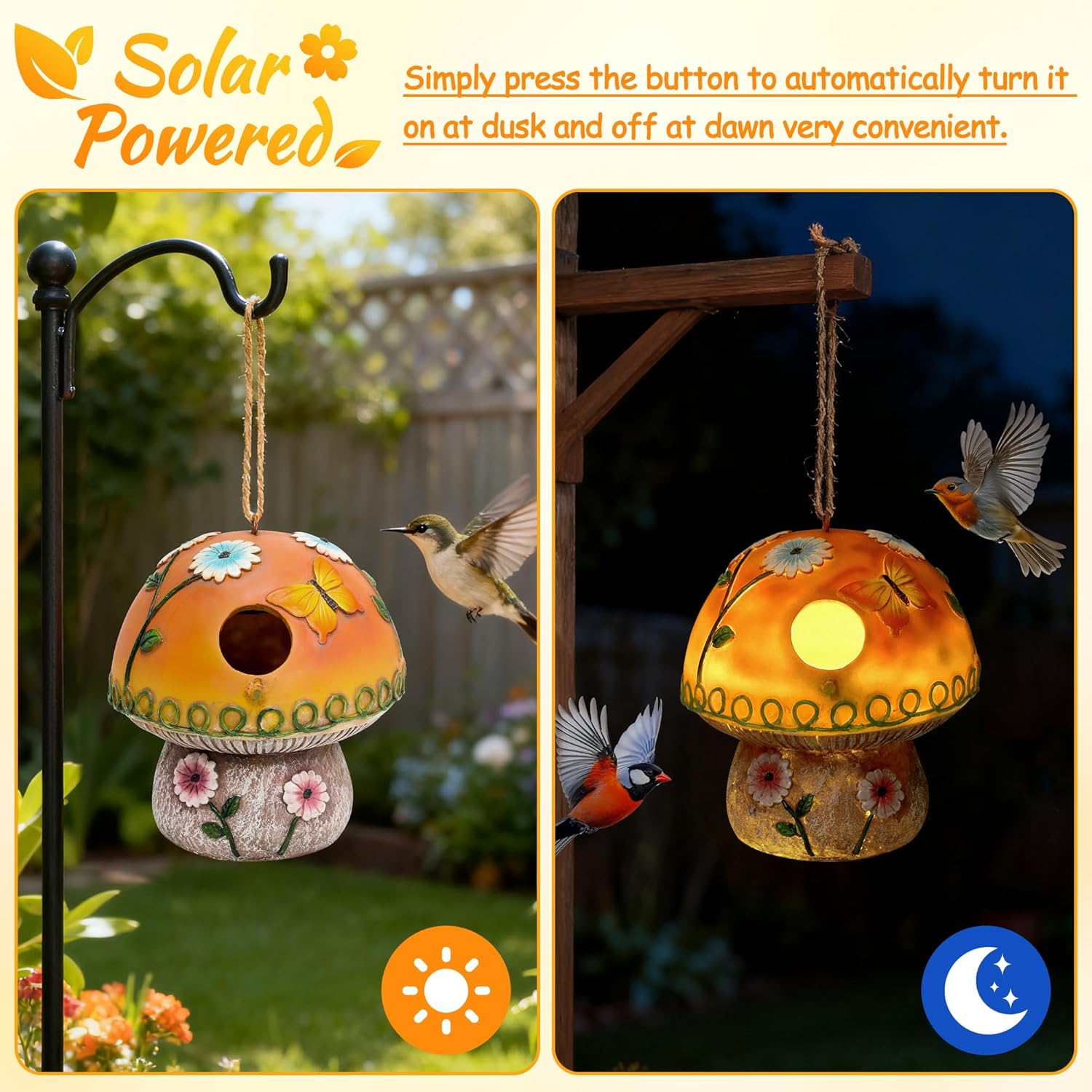 Solar Birdhouse for Outdoor Hanging, Mushroom Bird House with Lights Outside, Resin Garden Statue Decorative Nesting Box for Chick Blue Bird Hummingbird Woman Gifts for Yard Patio