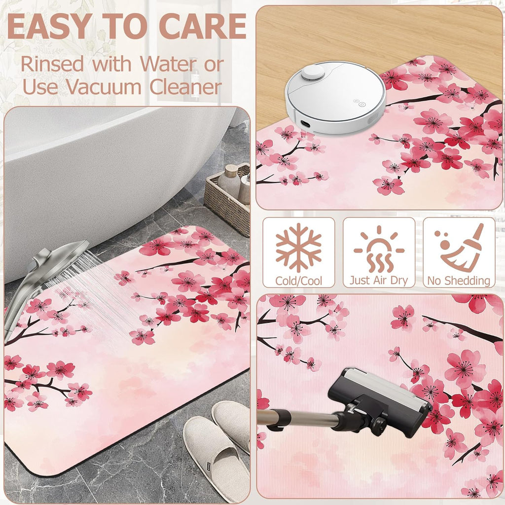 Pink Flower Bath Mat,Cherry Blossom Diatomaceous Earth Bath Mat,Rubber Backing Quick Dry Absorbent Washable Bathroom Rugs for Tub Non Slip 17"x29.5"