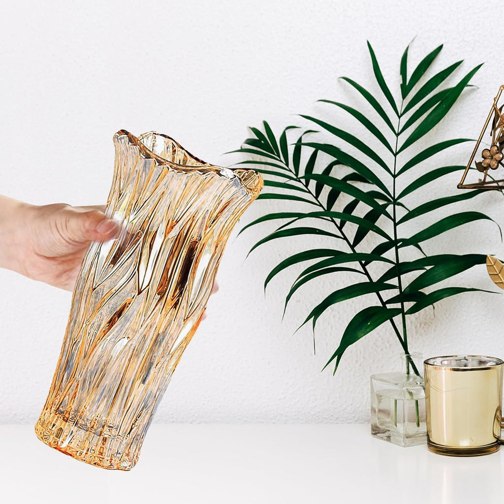 Glass Vase for Flowers, Gold Amber Clear Glass Vases for Centerpieces, Crystal Vase for Home Table Flower Decor 9.1 inches Tall
