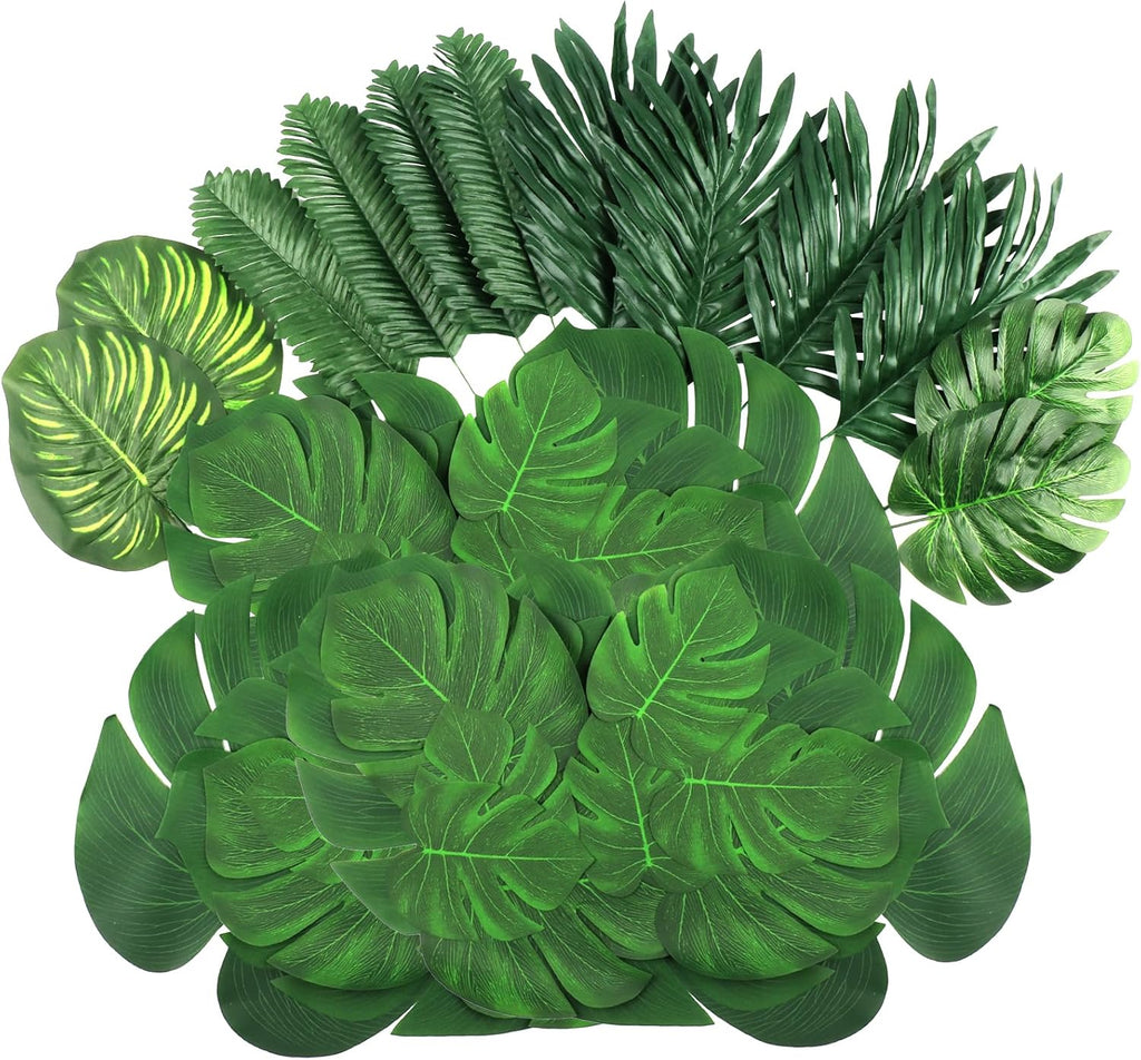 50 Pieces 7 Kinds Artificial Tropical Leaf Jungle Leaves Plant Safari Leaves Decorations Fake Palm Leaf with Stems for Hawaiian Luau Party Table Beach Birthday Wedding Theme Party Decorations