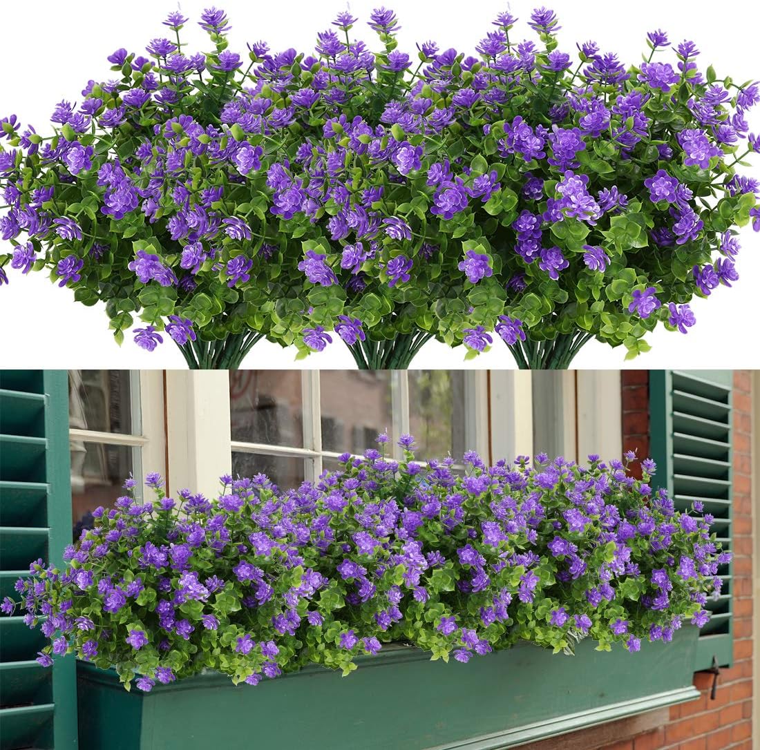 20 Bundles Artificial Flowers, Fake Artificial Greenery UV Resistant No Fade Faux Plastic Plants for Wedding Bridle Bouquet Indoor Outdoor Home Garden Kitchen Office Table Vase (Purple)