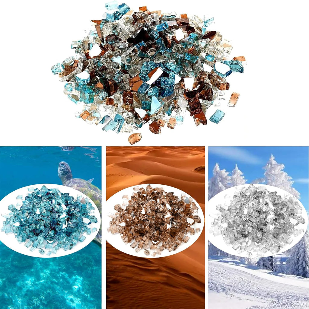 Onlyfire 10 Pounds Blended Reflective Fire Glass for Fire Pit Fireplace and Landscaping, 1/2 Inch Mixed Colored High Luster Fireglass Rocks for Outdoor and Indoor Use - Aqua Blue+Platinum+Copper