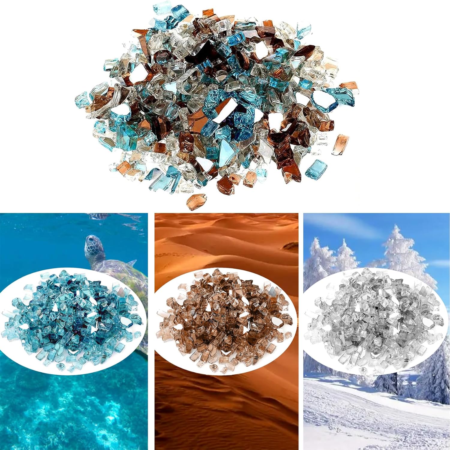 Onlyfire 10 Pounds Blended Reflective Fire Glass for Fire Pit Fireplace and Landscaping, 1/2 Inch Mixed Colored High Luster Fireglass Rocks for Outdoor and Indoor Use - Aqua Blue+Platinum+Copper