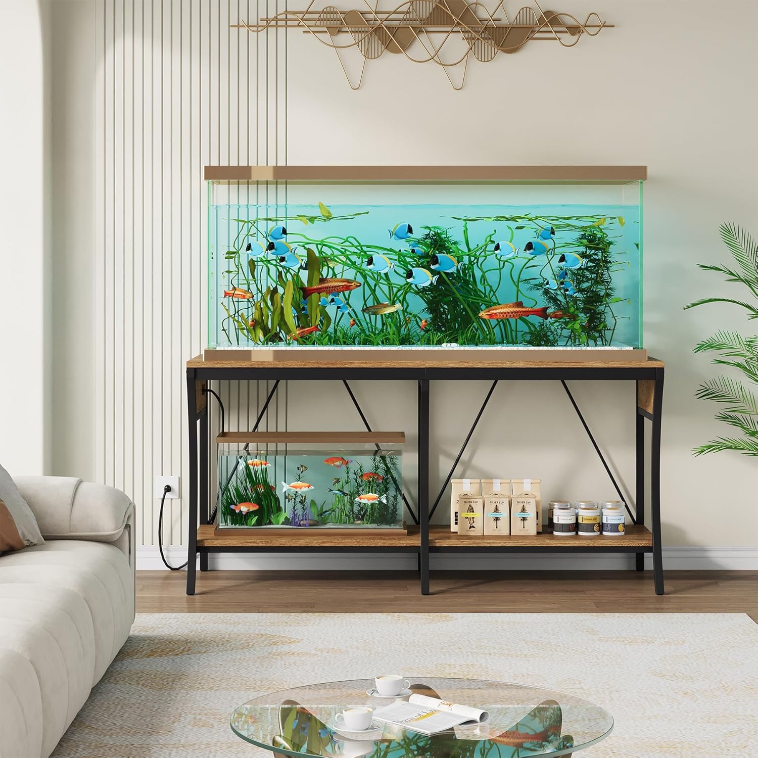 55-90 Gallon Fish Tank Stand with Power Outlets, 2-Tier Aquarium Stand with LED Light Strip & Open Storage Shelves, Heavy Duty Metal Table for Reptile Tank, 1150 LBS Capacity, Light Brown and Black