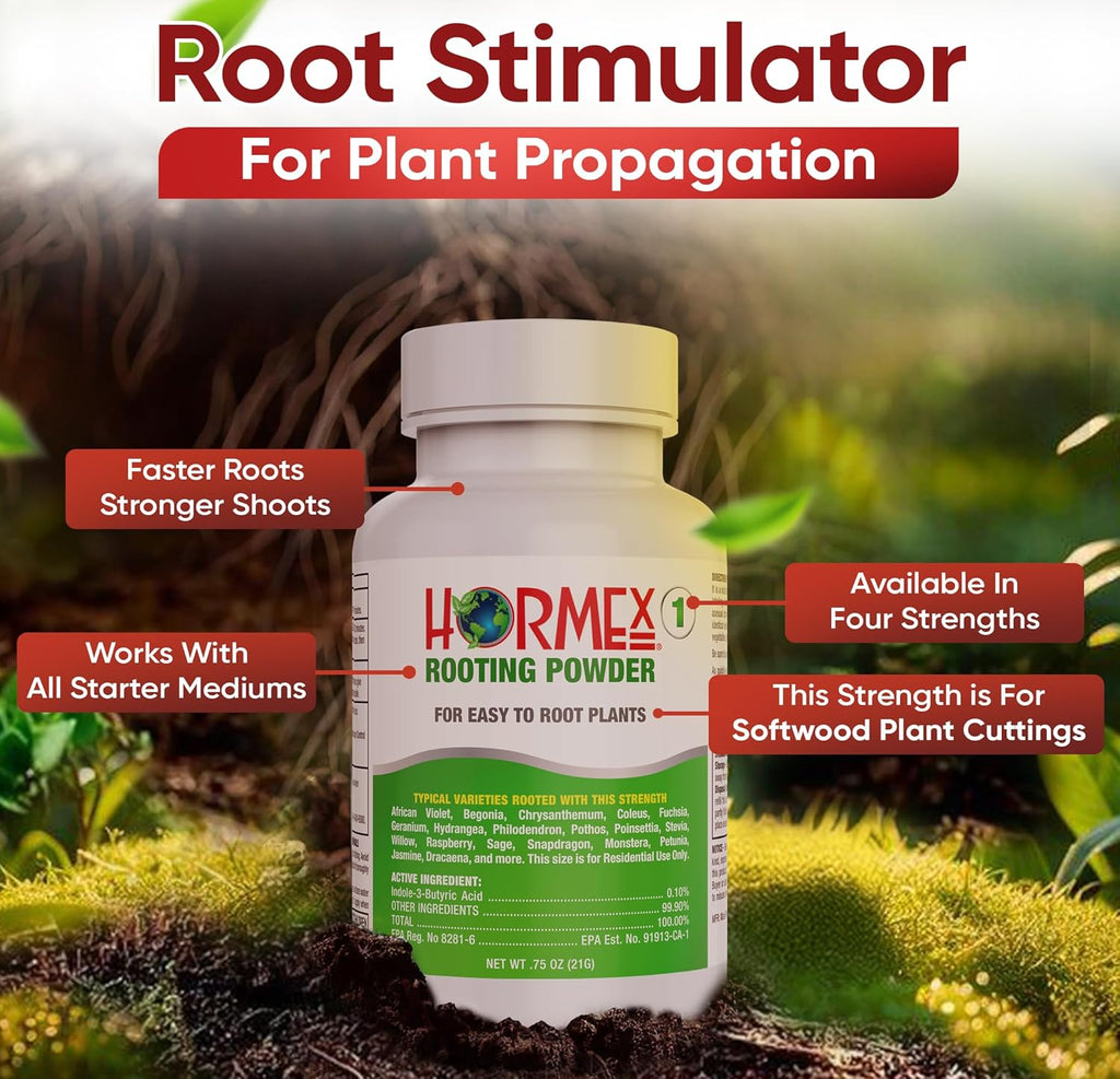 Hormex Rooting Hormone #1 - Rooting Powder for Delicate Houseplants, Succulents & Herb Cuttings | Promotes New Root Growth for Easy Propagation (0.1% IBA)