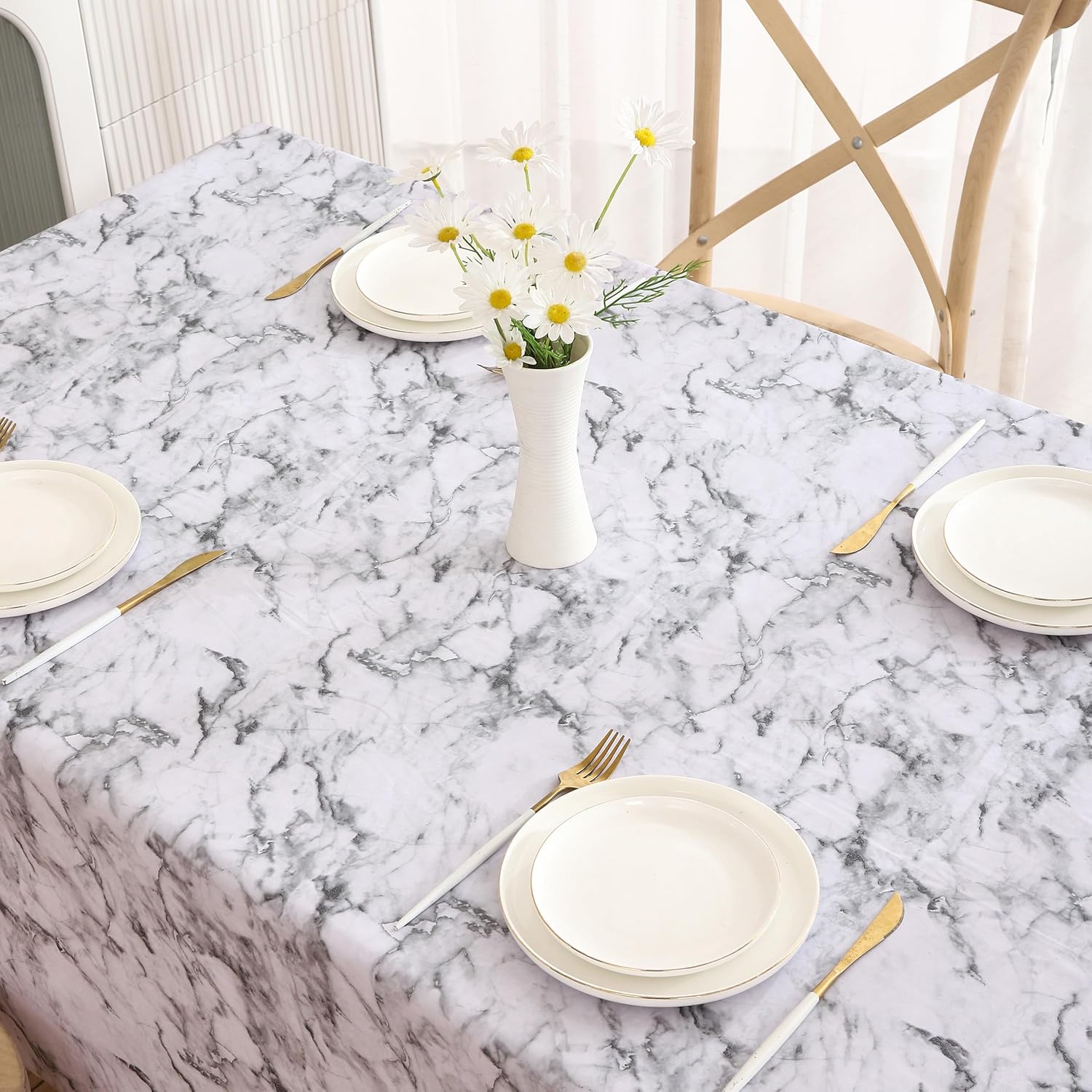 Walrus Heavy Duty Vinyl Tablecloth with Flannel Backing Waterproof Oil-Proof Plastic Table Cloth Stain-Resistant Wipeable Rectangle or Square Table Cover for Indoor and Outdoor (Marble, 60X84 Inch)