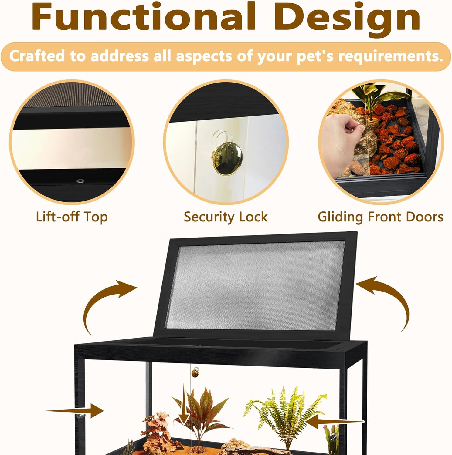 PROLEE Bearded Dragon Tank,34 Gallon Reptile Tank with Meatl Mesh Roof and Front Sliding Door,Lizard Tank,Spacious Reptile Enclosure for Snakes,Lguanas, Chameleons (Black)