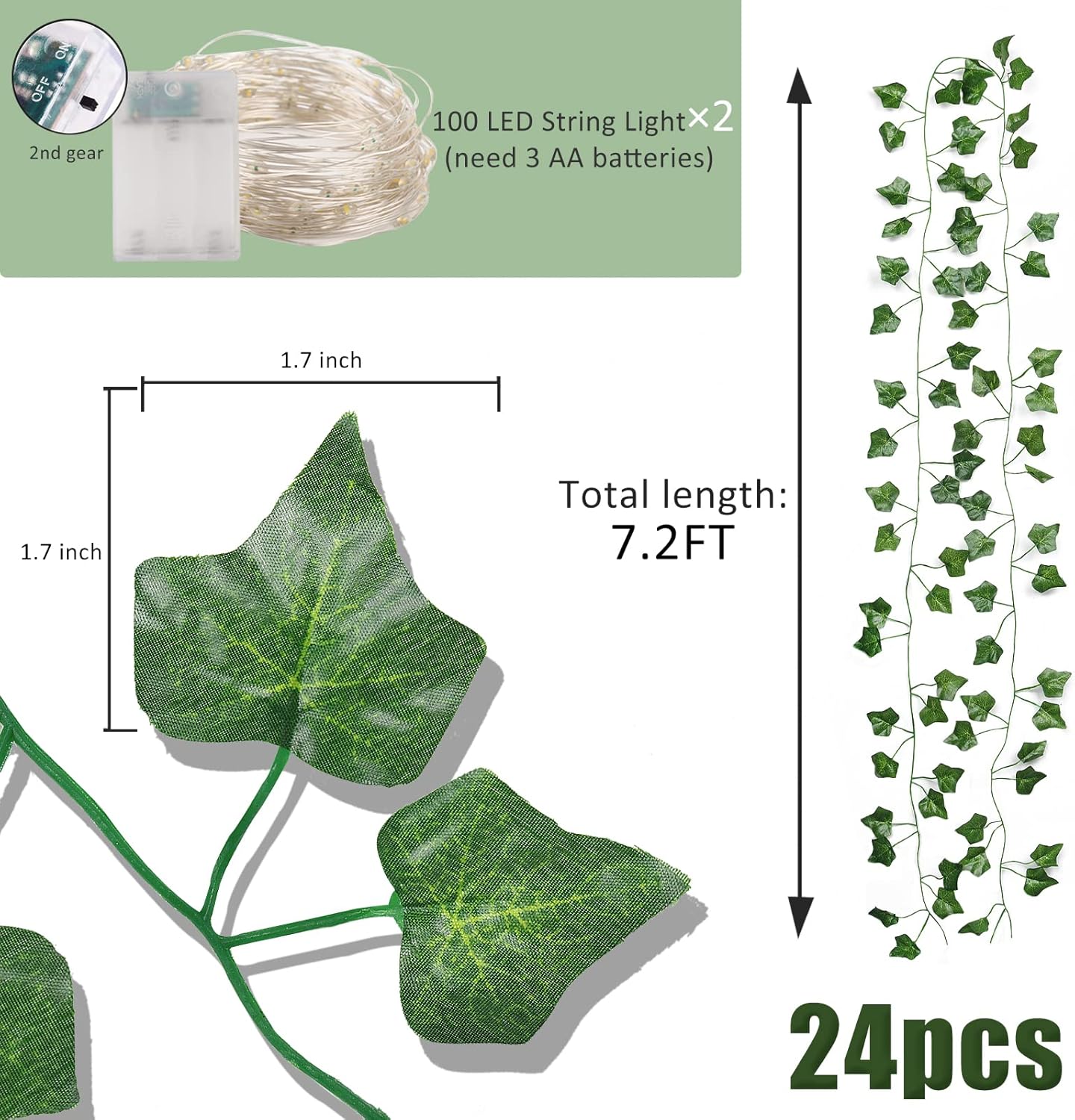 RECUTMS Ivy Fake Vines 24 Pack 173 FT Artificial Vine with 200 LED String Light Leaves Wall Decor Leaf Plants Greenery Garland Hanging Plant for Aesthetic Room Garden Office Wedding Decorations
