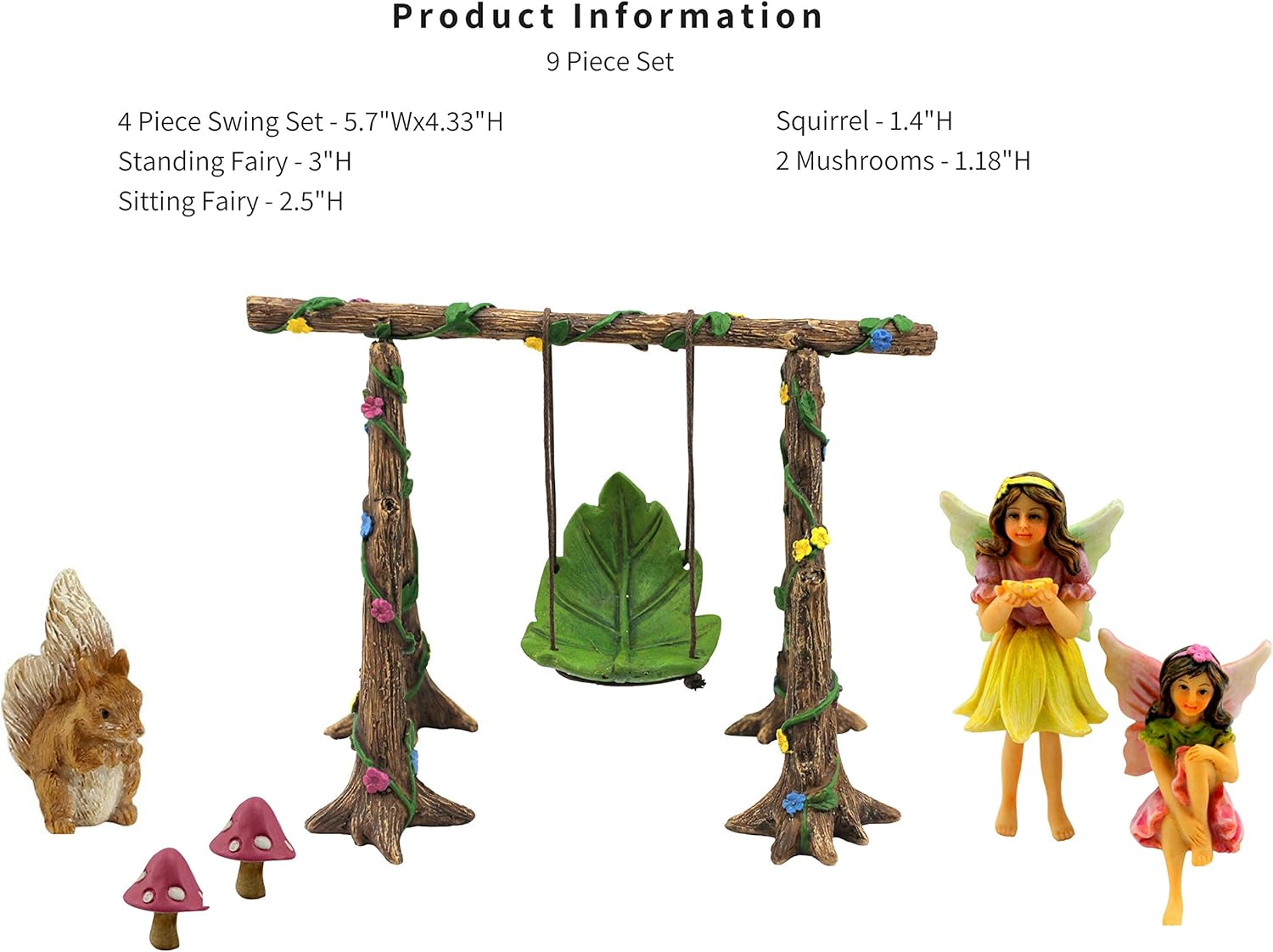PRETMANNS Fairy Garden Accessories Starter Kit with Figurines, Swing Set, Squirrel & 2 Mushrooms – Ideal for Indoor Outdoor Miniature Garden – 6 Hand-Painted Resin Items