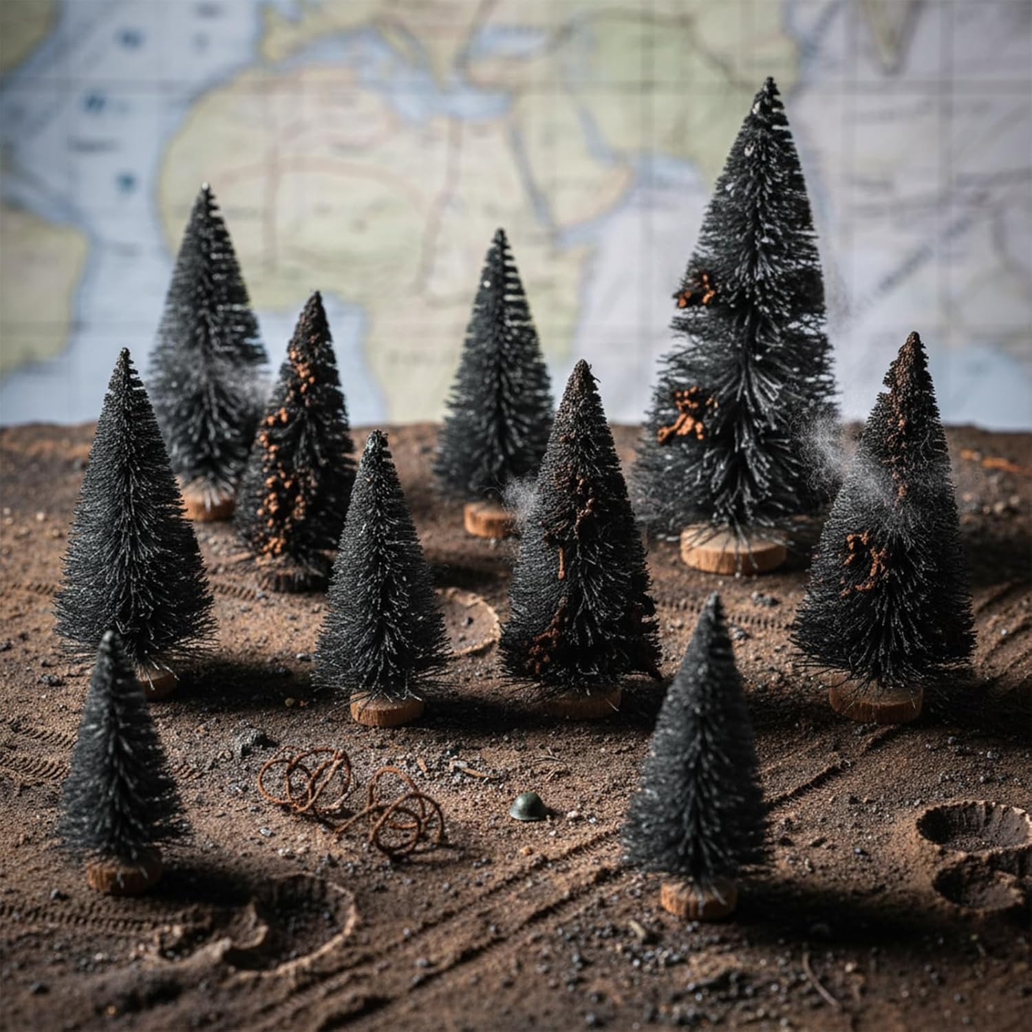 LUOZZY 12pcs Artificial Pine Trees Model Halloween Village Accessories Fake Mini Black Plant Trees Halloween Haunted House Decoration, 4.5CM+6.5CM+8.5CM