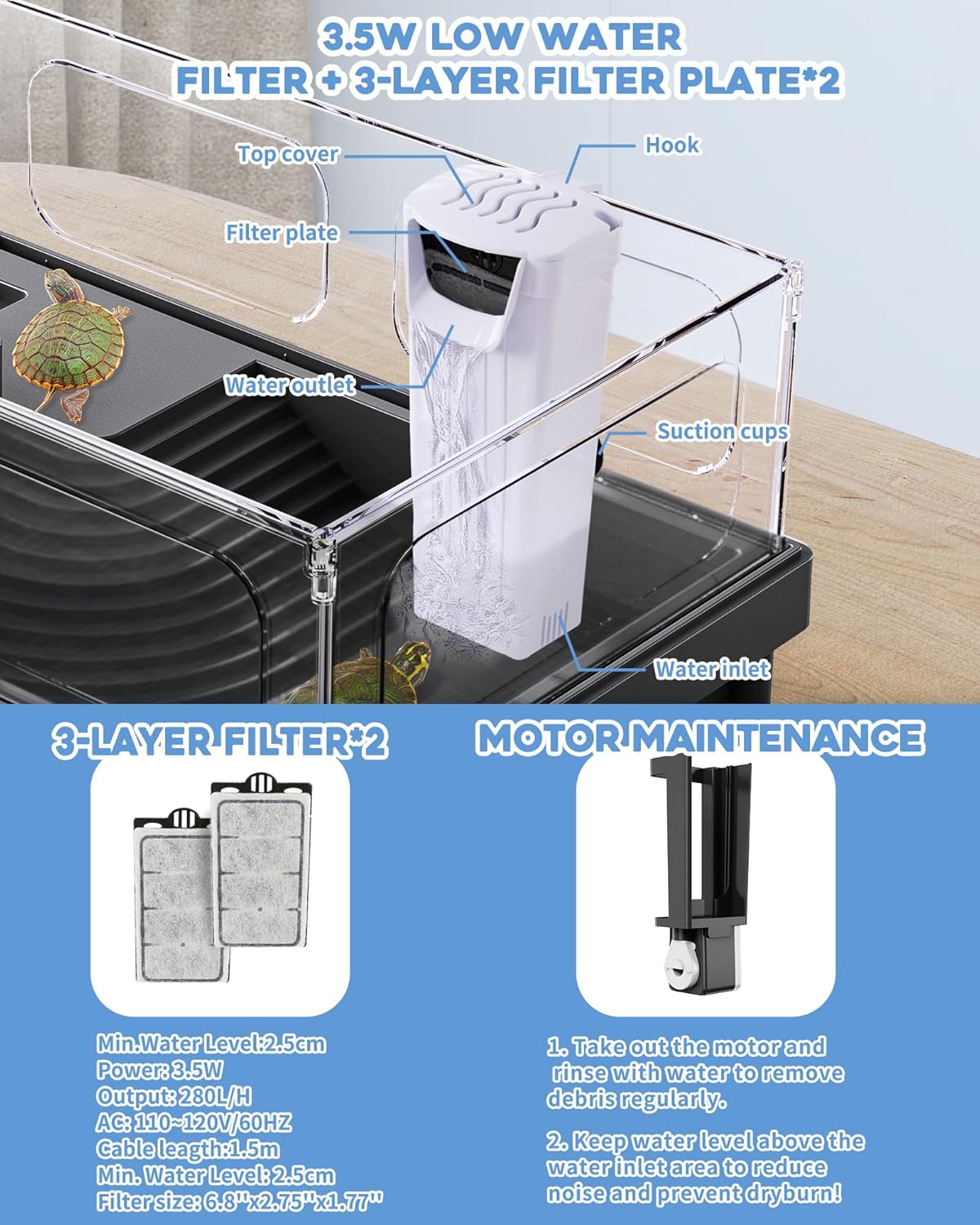 Small Turtle Tank Kit, Acrylic Turtle Tank Starter Kit with Basking Platform, Bottom Drainage, Multi-Function Areas for Turtles, Crabs, Crayfish, Small Reptiles (Black+White)