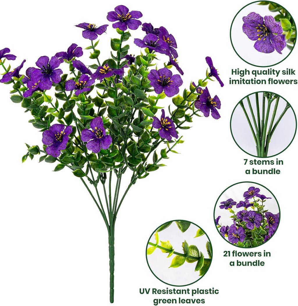 20 Bundles Artificial Flowers for Outdoor Fake Plants for Spring Decoration,Faux Eucalyptus Flowers for Planter UV Resistant Lifelike for Home Porch Garden（Purple）