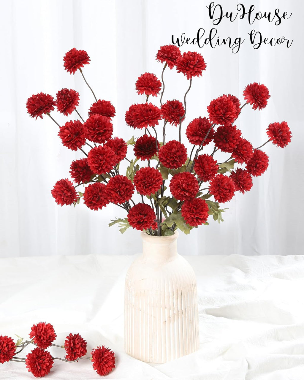 DuHouse 6pcs Artificial Flowers Faux Silk Pompon Mum,Silk Small Mini Chrysanthemum Ball with Stems for DIY Bouquets Centerpieces Vase Home Table Kitchen Decorations(Dark Red)