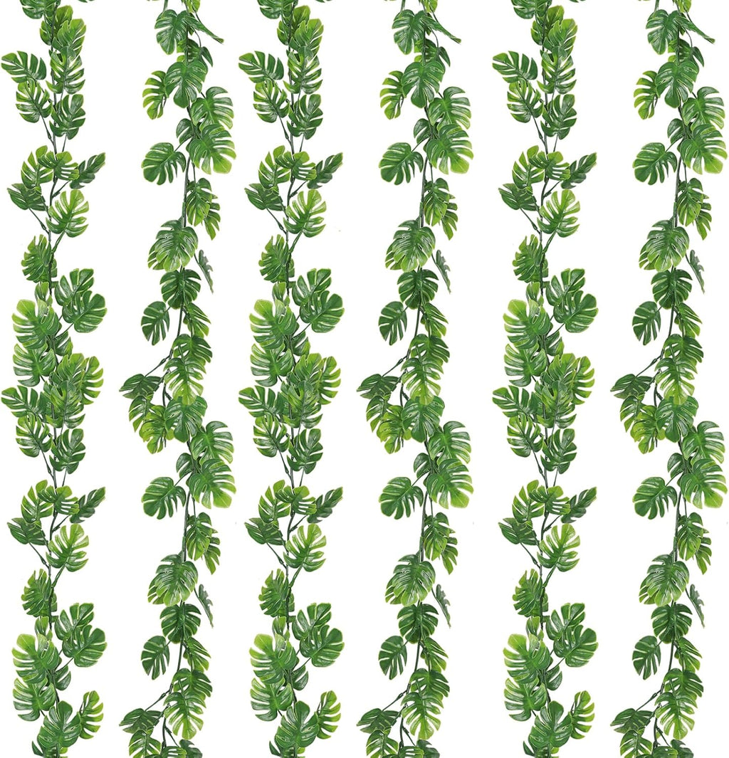 RECUTMS 6Pcs Artificial Monstera Leaf Vines, 5.9FT Faux Tropical Monstera Garland Fake Hanging Plant Ivy Palm Leave Greenery Vine for Garden Porch Patio Jungle Luau Party Birthday Indoor Outdoor Décor