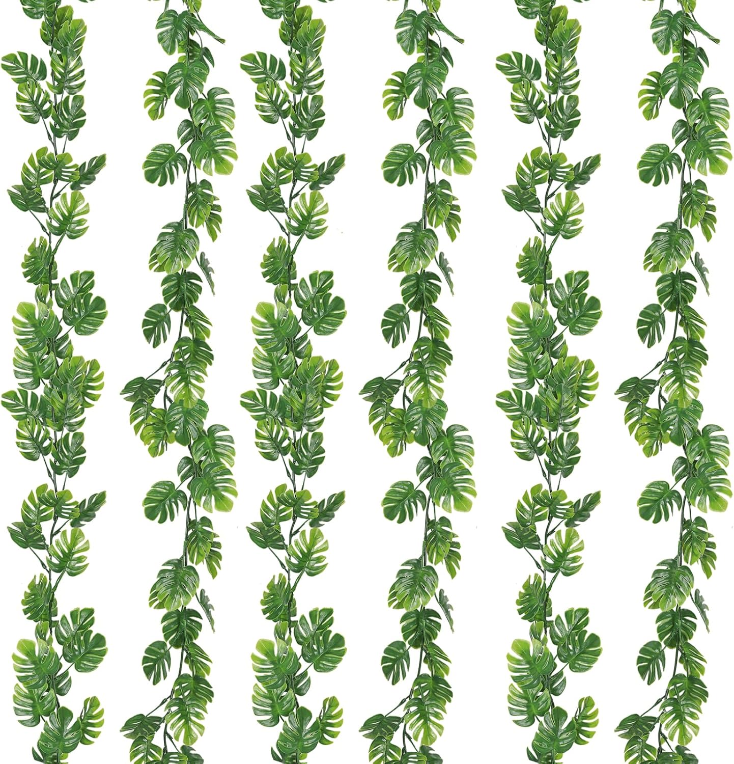 RECUTMS 6Pcs Artificial Monstera Leaf Vines, 5.9FT Faux Tropical Monstera Garland Fake Hanging Plant Ivy Palm Leave Greenery Vine for Garden Porch Patio Jungle Luau Party Birthday Indoor Outdoor Décor