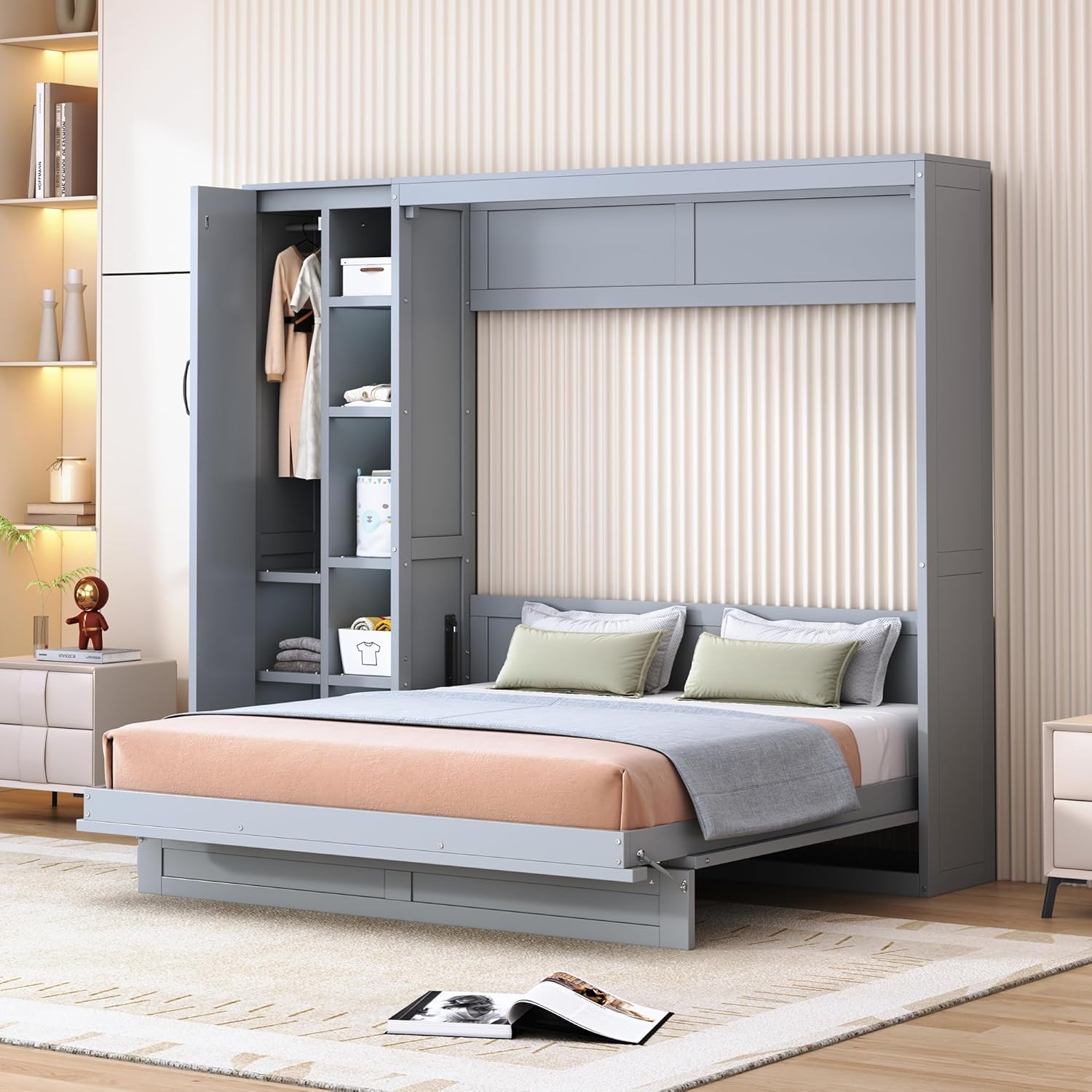 Merax Queen Size Murphy Bed Wall Bed with Shelves, Drawers and LED Lights,Gray