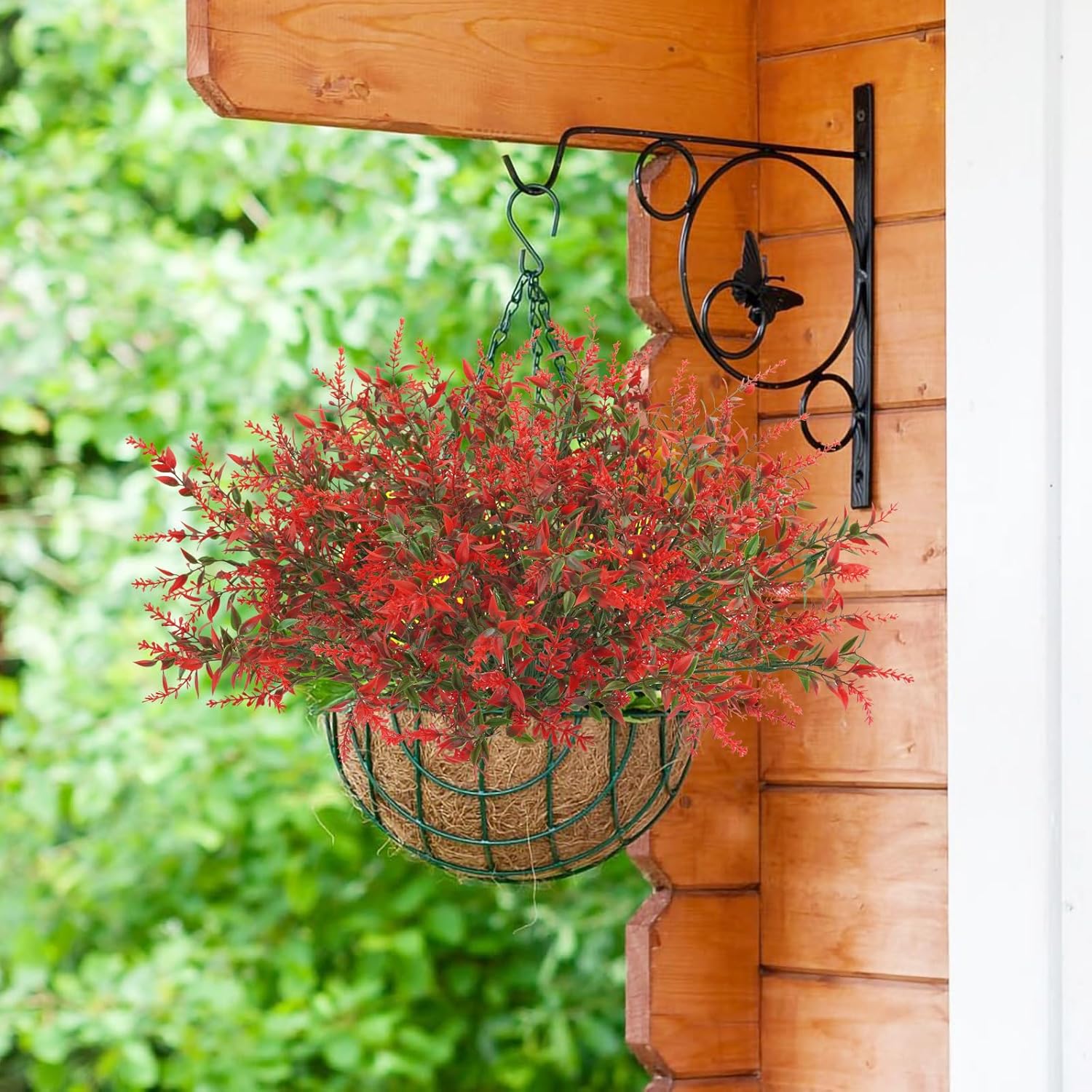 42 Pcs Fake Lavender Flowers Outdoor UV Resistant Faux Plastic Lavender Flowers No Fade Artificial Lavender Purple Plants for Outside Garden Porch Window Box Hanging Planter Decor (Red)