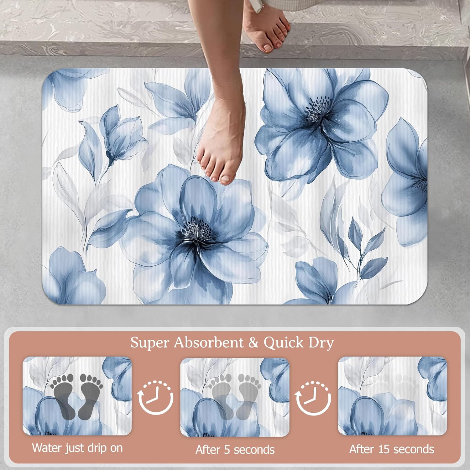 Bath Mat,Blue Gray Watercolor Floral Bathroom Rugs,Quick-Drying Non-Slip Rubber Bath Mats Absorbent Diatomaceous Earth Mat for Bathroom Home Decor 17"x29.5"