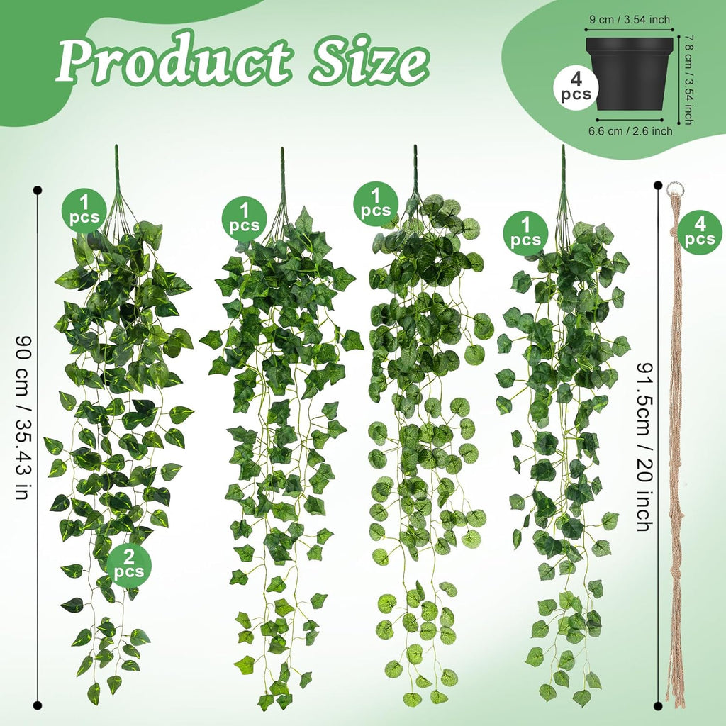 Folmywy 4 Pack Artificial Hanging Plants Vines with Pot Fake Vine Potted Plant Mixed Greenery Leaves Plant Theme Classroom Decoration for Indoor Outdoor Living Room Office Shelf