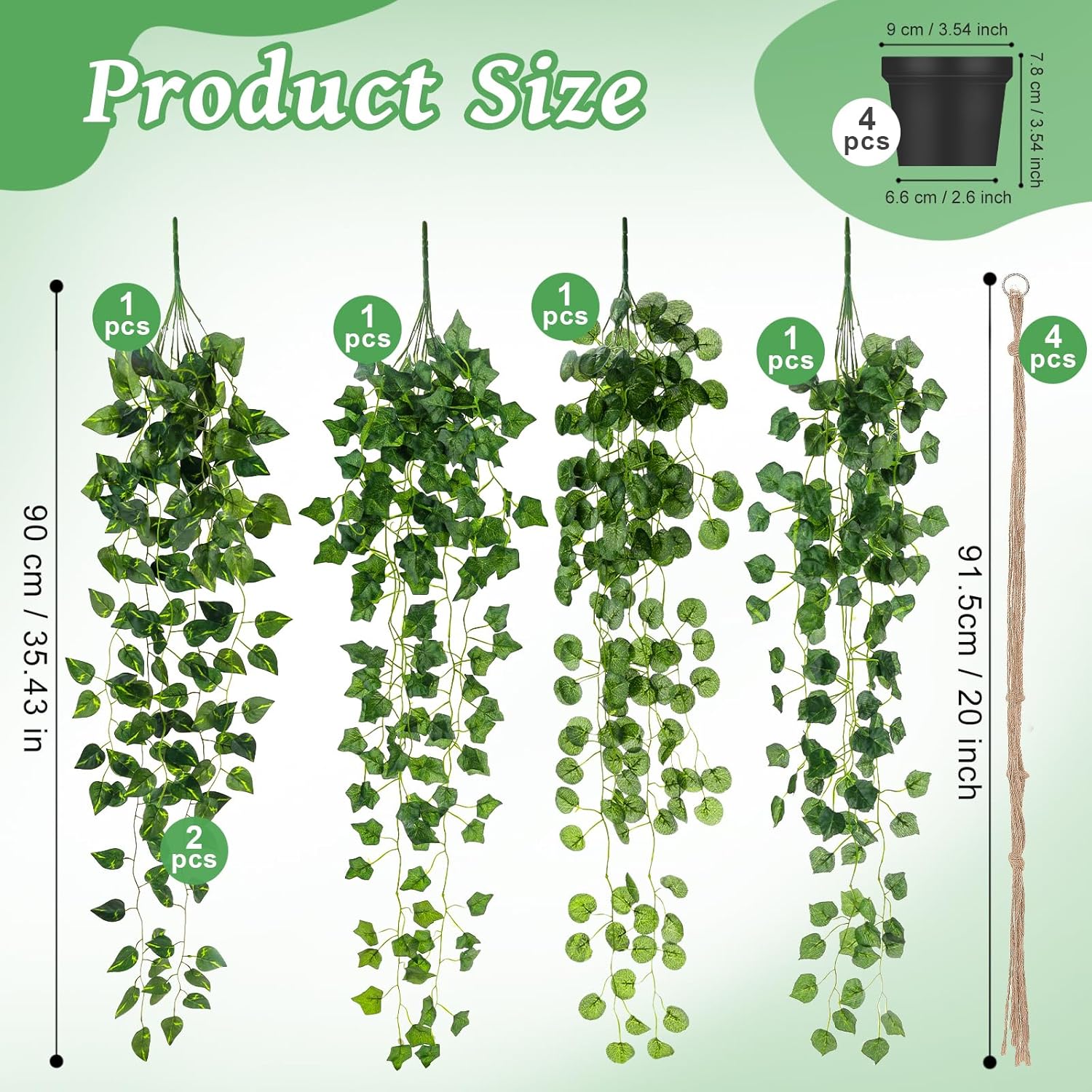 Folmywy 4 Pack Artificial Hanging Plants Vines with Pot Fake Vine Potted Plant Mixed Greenery Leaves Plant Theme Classroom Decoration for Indoor Outdoor Living Room Office Shelf