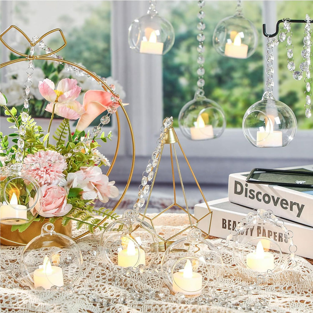 3.15'' Hanging Glass Tealight Holder Globe and Clear K9 Crystal Garland Strands, Hanging Glass Terrarium Containers for Wedding Party Tree Decoration(56 Pcs)