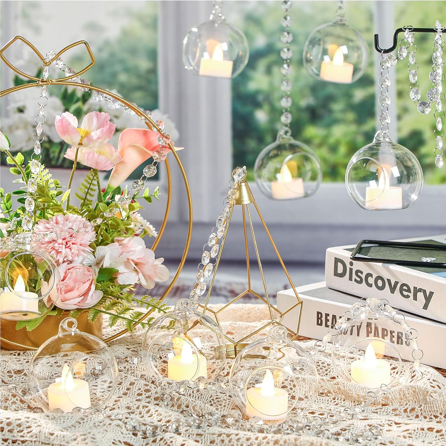 3.15'' Hanging Glass Tea Light Candle Holder Globe and Clear K9 Crystal Garland Strands, Hanging Glass Terrarium Containers for Christmas Tree Wedding Party Tree Decoration