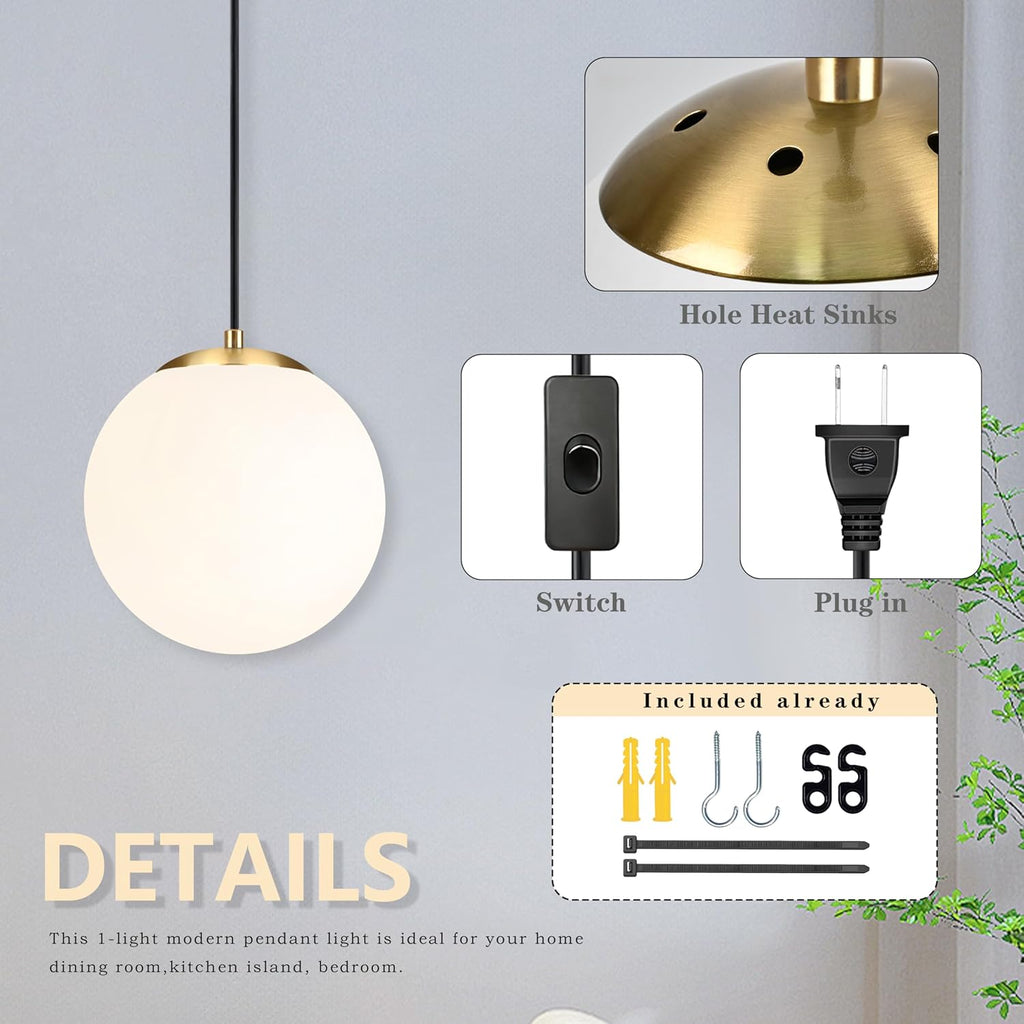 KoKo&Yukina 8" Globe Pendant Light Gold Plug in Pendant Light Adjustable Hanging Lights with Plug in Cord Brushed Gold Finished with Milk Glass Lampshade for Bedroom Kitchen Island（Bulb Included）