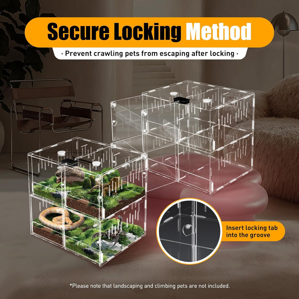 Acrylic Reptile Terrarium, 4 Grid Clear Tank with Ventilation Holes,4 Grids Cage Enclosure Box Enclosure Reptile Pet Display Containers Front Opening Design for Snakes, Spiders, Beetles