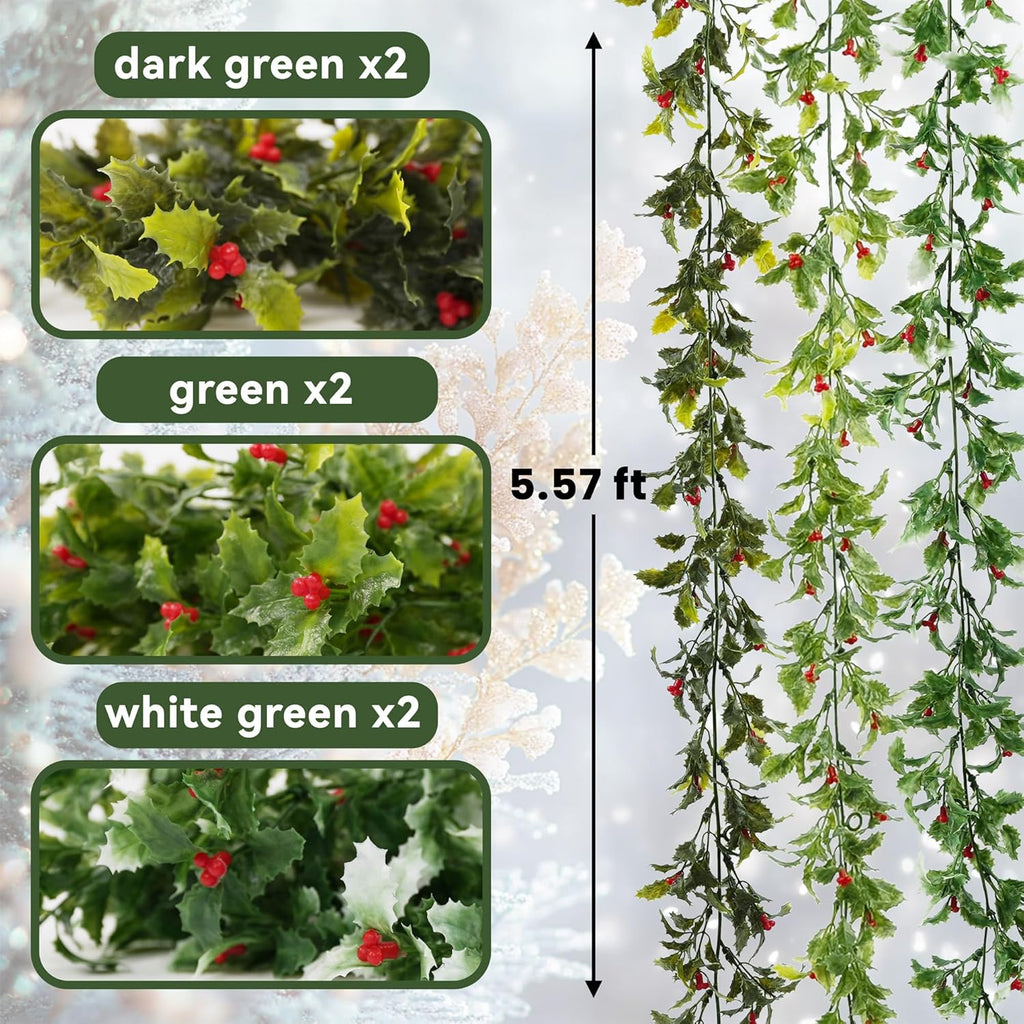 6 Pack 5.57ft Artificial Christmas Garlands, Xmas Holly Leaves and Red Berries, Artificial Greenery Garlands for Christmas Decorations Fireplace Winter Newyear Decor