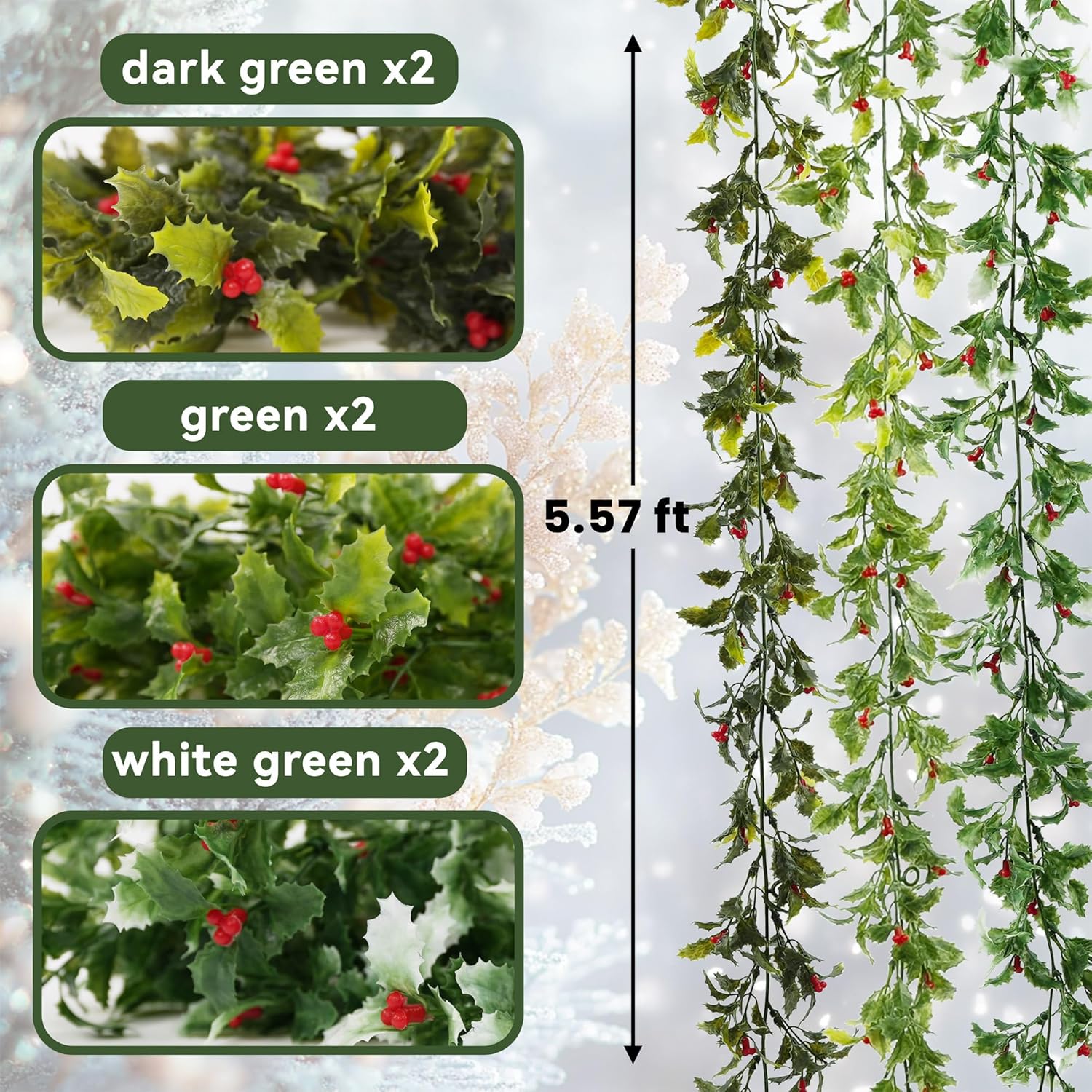 6 Pack 5.57ft Artificial Christmas Garlands, Xmas Holly Leaves and Red Berries, Artificial Greenery Garlands for Christmas Decorations Fireplace Winter Newyear Decor