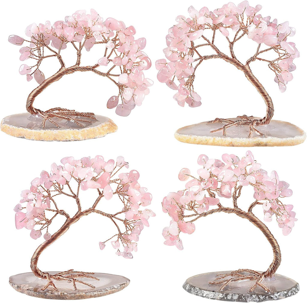 mookaitedecor Natural Rose Quartz Crystal Money Tree Agate Slice Base Feng Shui Bonsai Crystal Tree for Wealth Luck Desk Decor, 3-4 Inch High