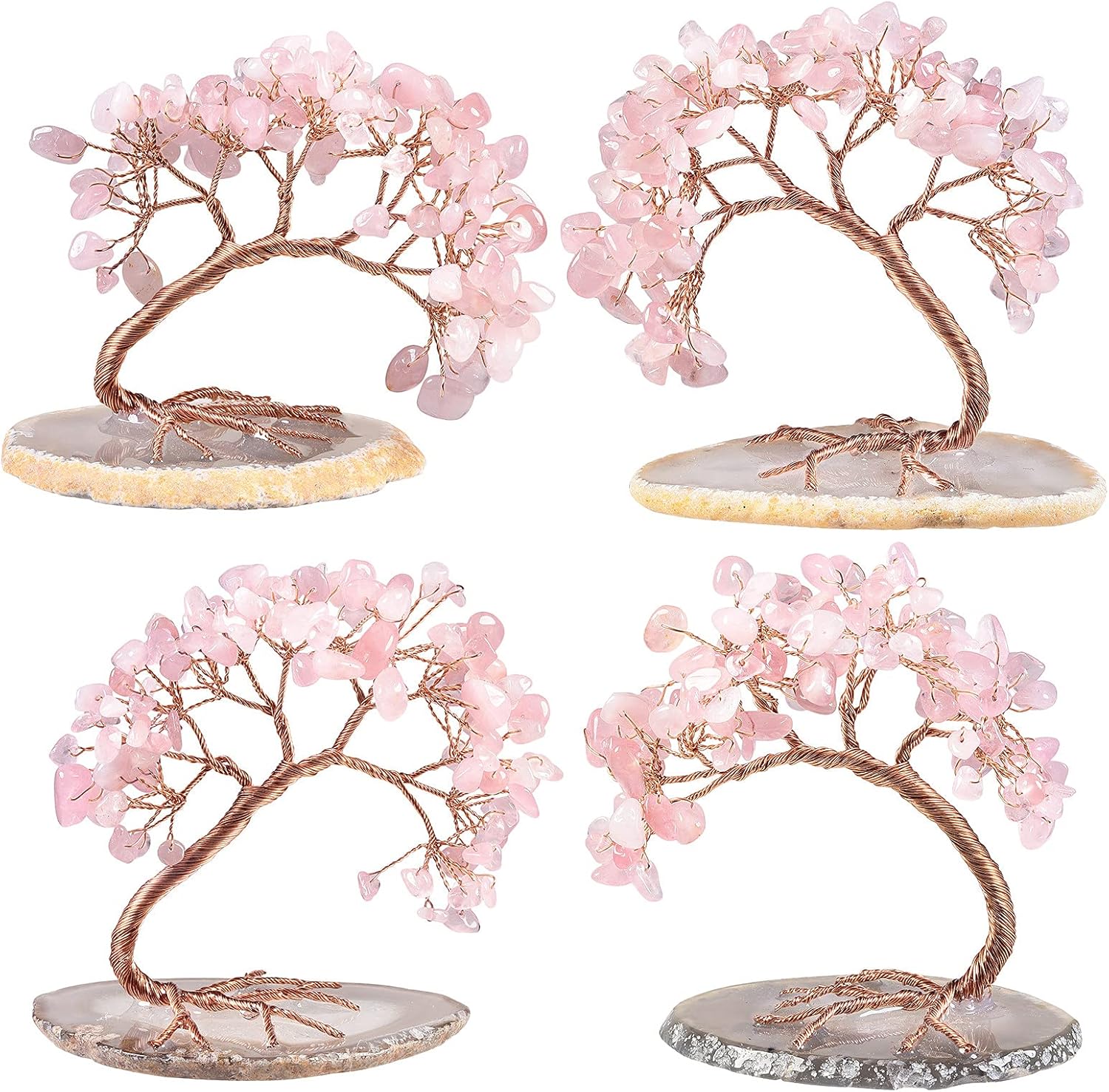 mookaitedecor Natural Rose Quartz Crystal Money Tree Agate Slice Base Feng Shui Bonsai Crystal Tree for Wealth Luck Desk Decor, 3-4 Inch High