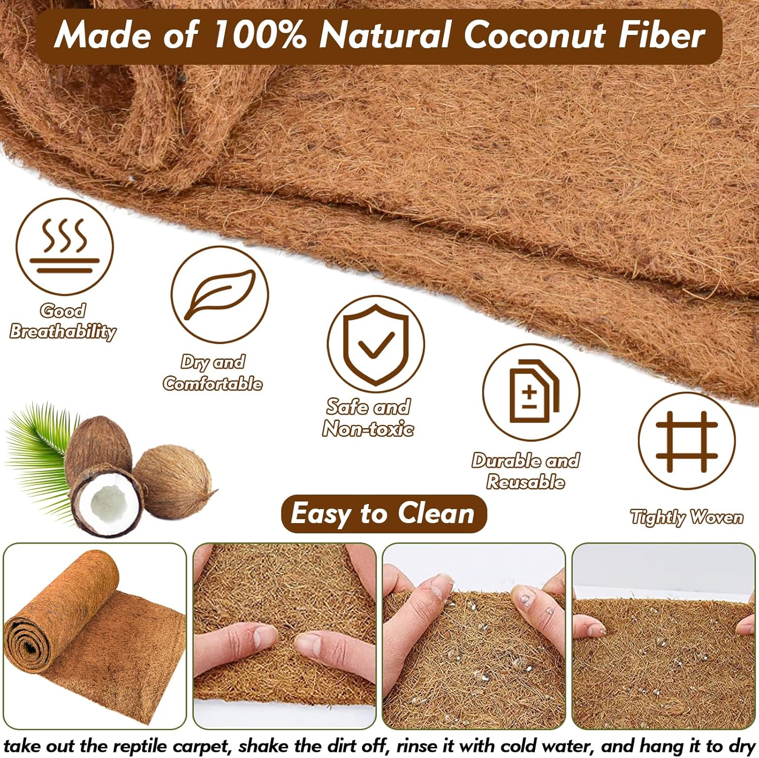 ZeeDix 3 Rolls Reptile Mat, 18 x 36 inches Natural Coconut Fiber Liner Mat Flooring Accessories for Reptile Tank - Bearded Dragon Tortoise Lizard Turtle Snake Leopard Gecko Substrate Bedding