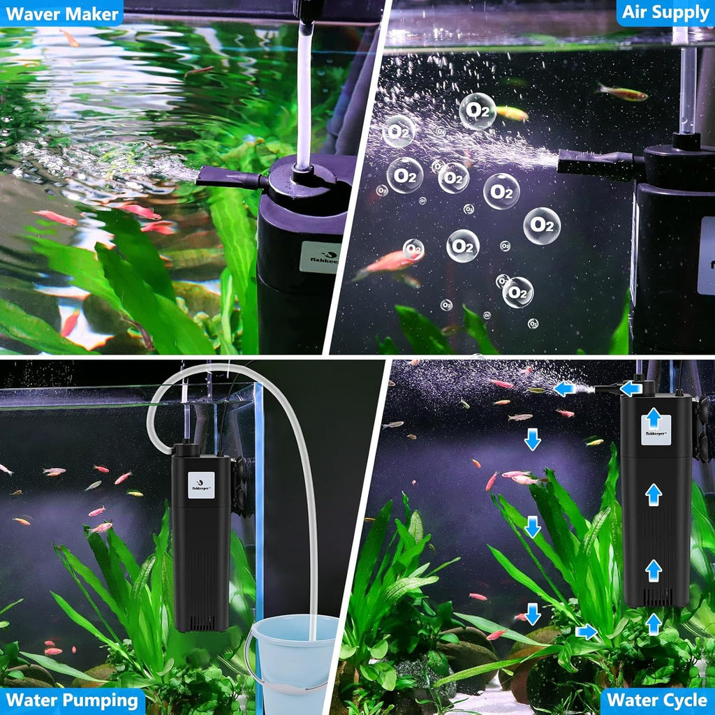 fishkeeper Aquarium Filter U-V for 10-75 Gallon, 132 GPH Fish Tank Filter for Green Water and Algae Clean, Ultra Silent Submersible Pump Filter with Adjustable Bubble Output for Deodorization Killing