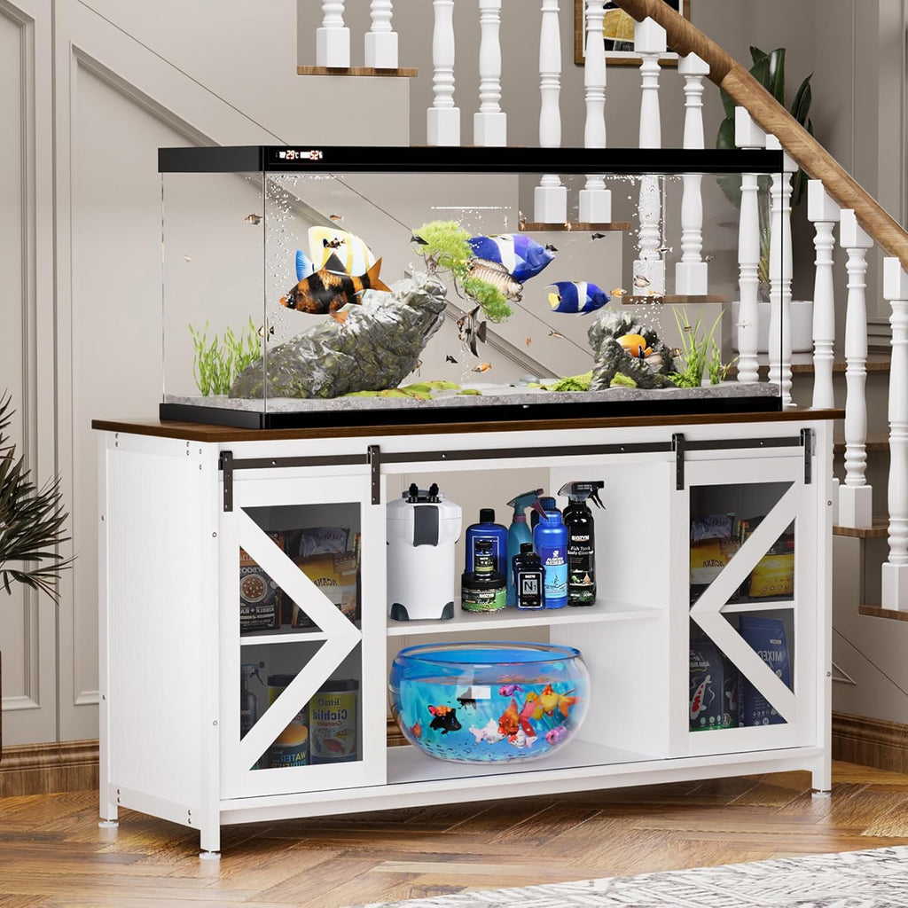 80 Gallon Aquarium Stand With Power Outlets, Farmhouse Fish Tank Stand, Reptile and Terrarium Stand with Cabinet Storage, Sturdy Heavy Duty 58.9" 19.7", White