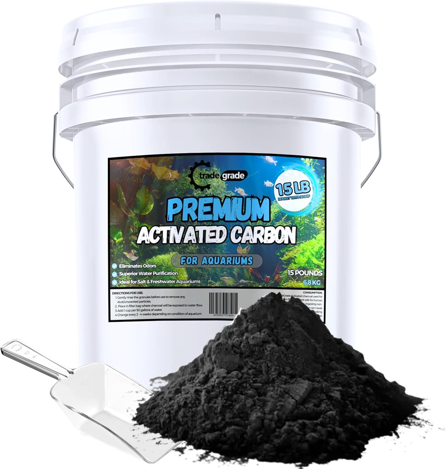TradeGrade Activated Carbon Aquarium – 15lb Bucket Granulated Activated Charcoal for Fish Tank & Water Purification – High-Performance Aquarium Charcoal Filter Media for Crystal Clear Water
