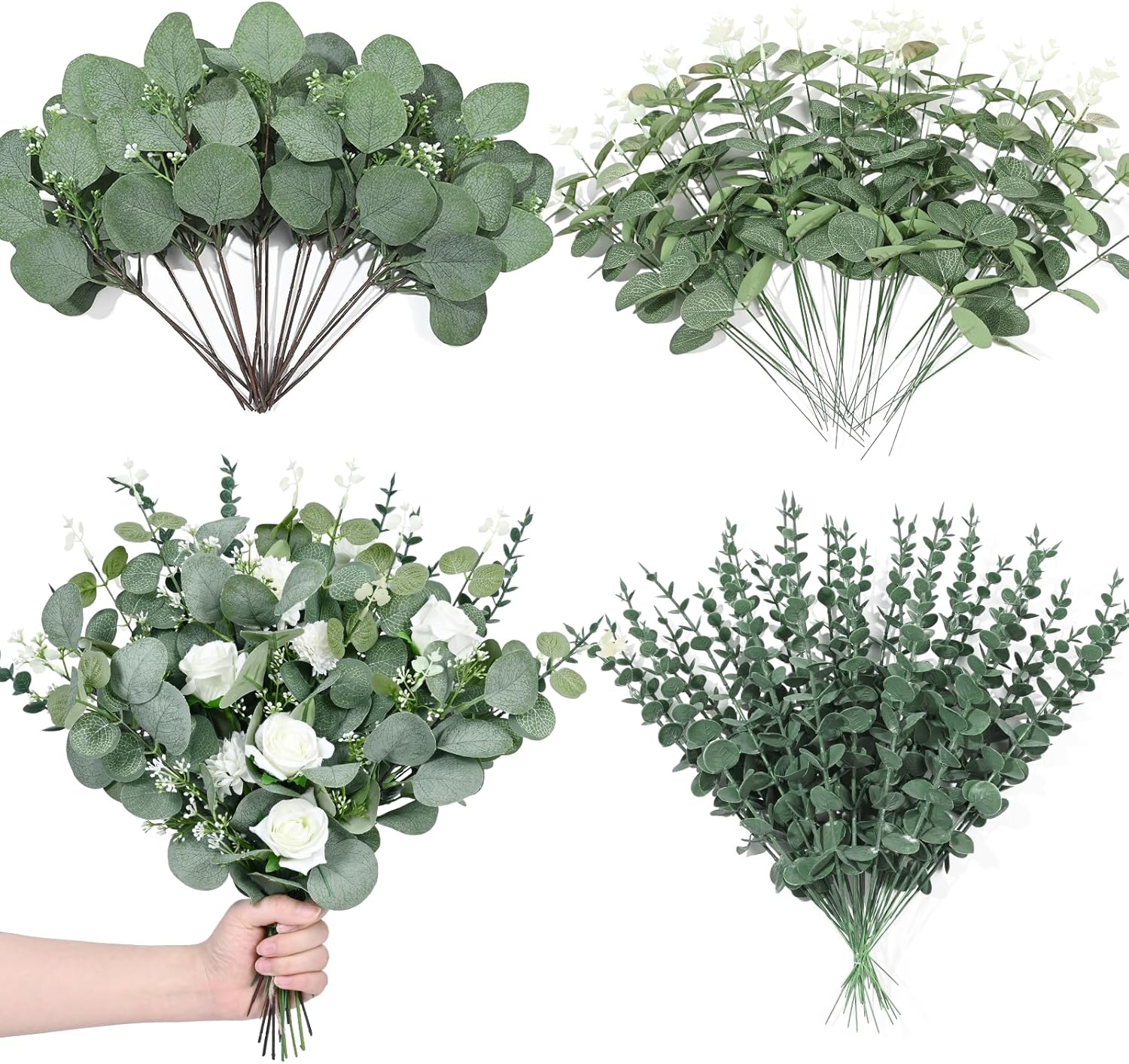 120 Pcs 5 Kinds Artificial Eucalyptus Stems and Faux Flowers, Mixed Fake Greenery Stems Leaves Bulk, Silver Dollar Eucalyptus Greenery Stems for Wedding Decor Vase Floral Arrangement Centerpiece