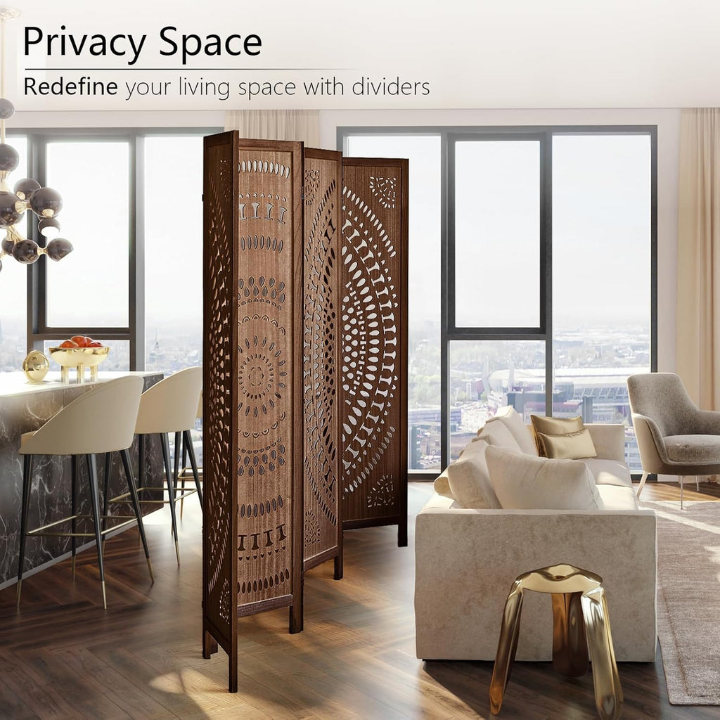 Carved Room Divider Wall, 5.6 FT Tall Room Divider Room, 6 Panel Wood Screen, Portable Freestanding Wall Divider Screen for Room Separation Home Bedroom Office Restaurant (Dark Brown)