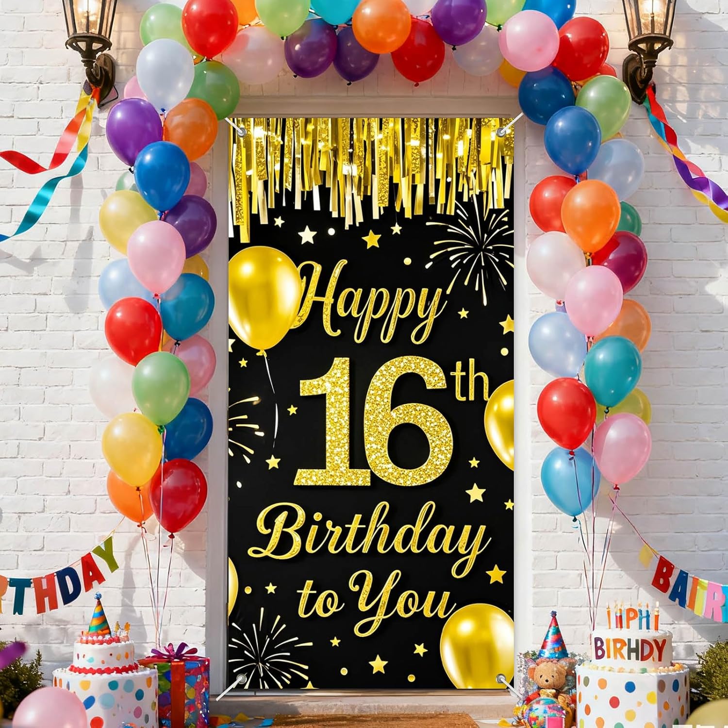 IVN 16th Birthday Door Cover 71x35 Inch Black Gold Birthday Banner for Party Decorations Balloons Stars Fireworks Backdrop Sign for Men Women Photo Booth Prop Wall Decor