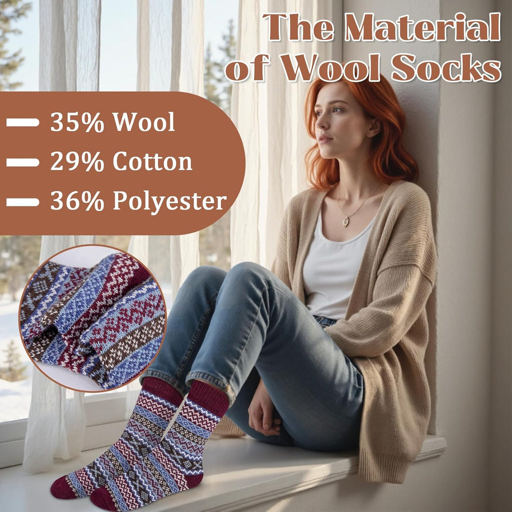 Justay 5 Pairs Wool Socks for Women - Winter Thick Boot Cozy Crew Vintage Soft Calf Knit Warm Socks Gifts