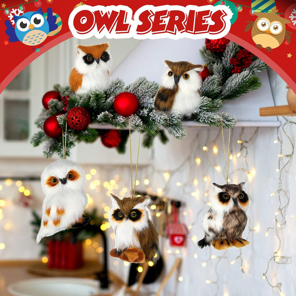 Skylety 10 Pieces Forest Animals Ornaments Woodland Animal Faux Fur Plush Hanging Ornaments Family Educational Playset for Fall, Christmas, Winter Birthday Party Supplies(Owls)