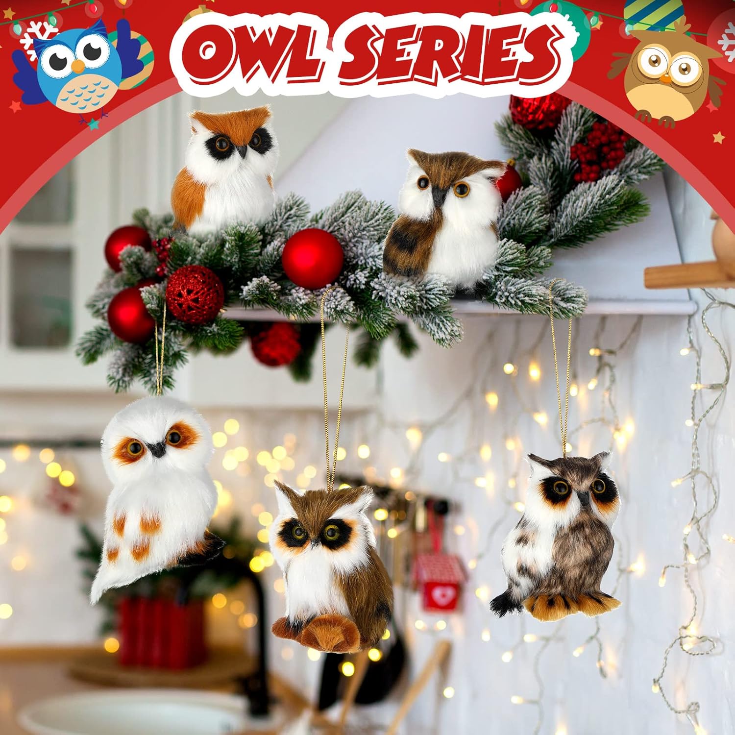 Skylety 10 Pieces Forest Animals Ornaments Woodland Animal Faux Fur Plush Hanging Ornaments Family Educational Playset for Fall, Christmas, Winter Birthday Party Supplies(Owls)