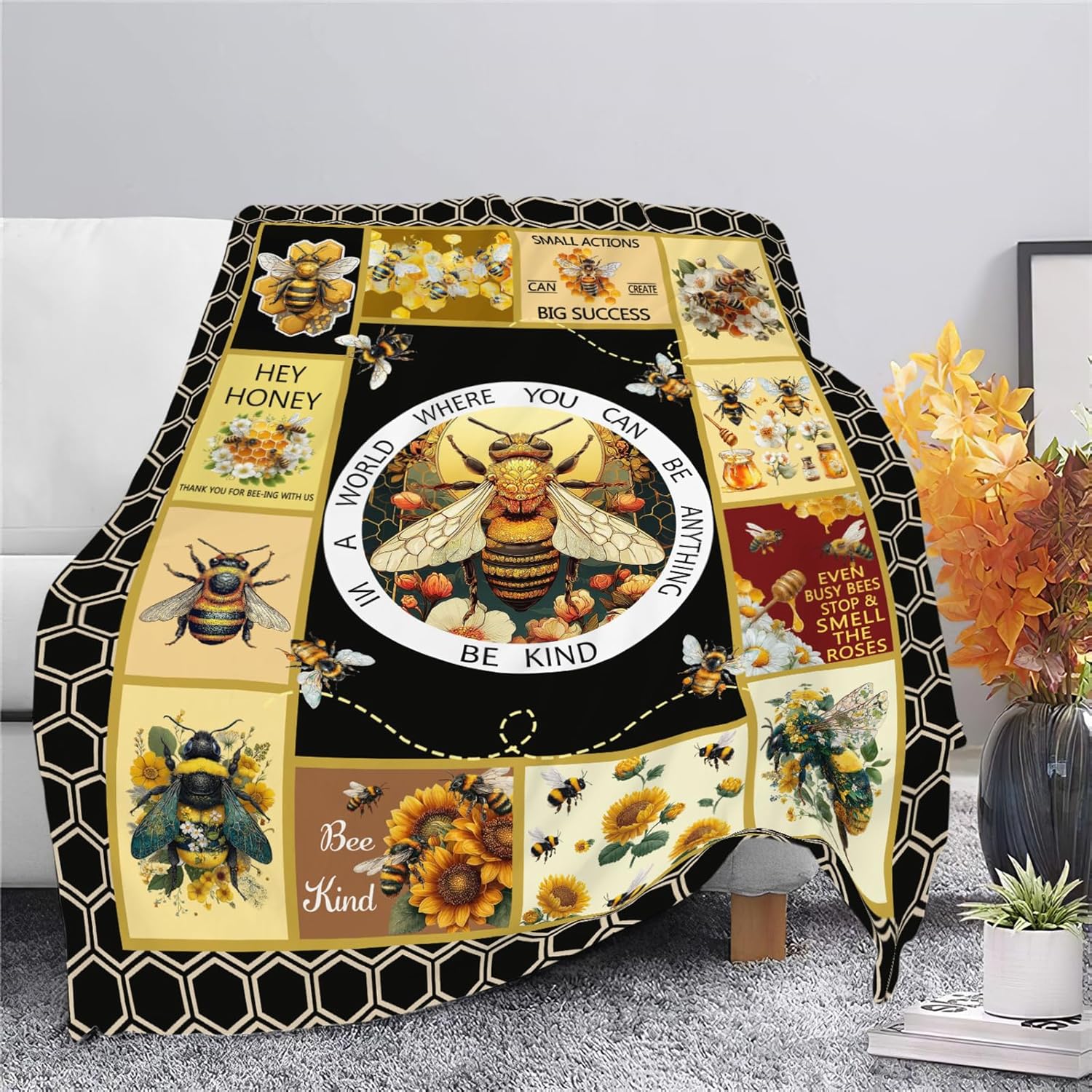 Bee Throw Blanket Bee Stuff Gifts for Kids Girls Boys Adults Women Men Soft Cozy Warm Plush Fluffy Fuzzy Fleece Blanket Decor 60''X80''
