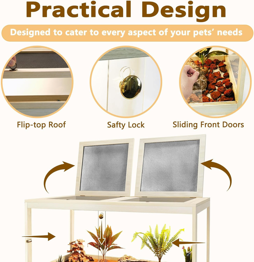 PROLEE Retile Tank,Bearded Dragon Tank,Lizard Tank with Metal Mesh Roof Door, Acrylic Panel Snake Tank with Lock Design,Oak,60Gallons