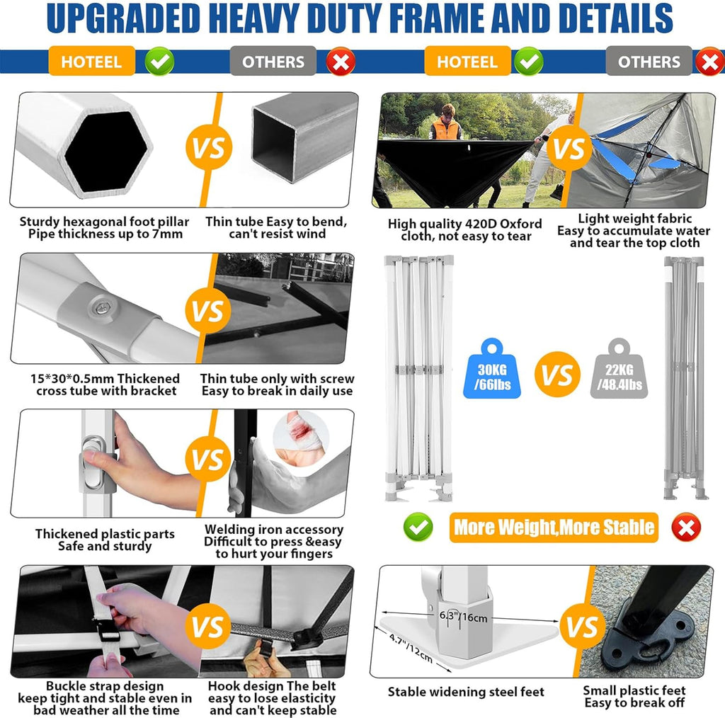HOTEEL 10x15 Pop up Canopy Tent for Parties, Heavy Duty Easy Setup Tent with 4 Sidewalls, Outdoor Commercial Instant Gazebo for Wedding Event, with Roller Bag & Sand Bags, Black(Hexagonal Frame)