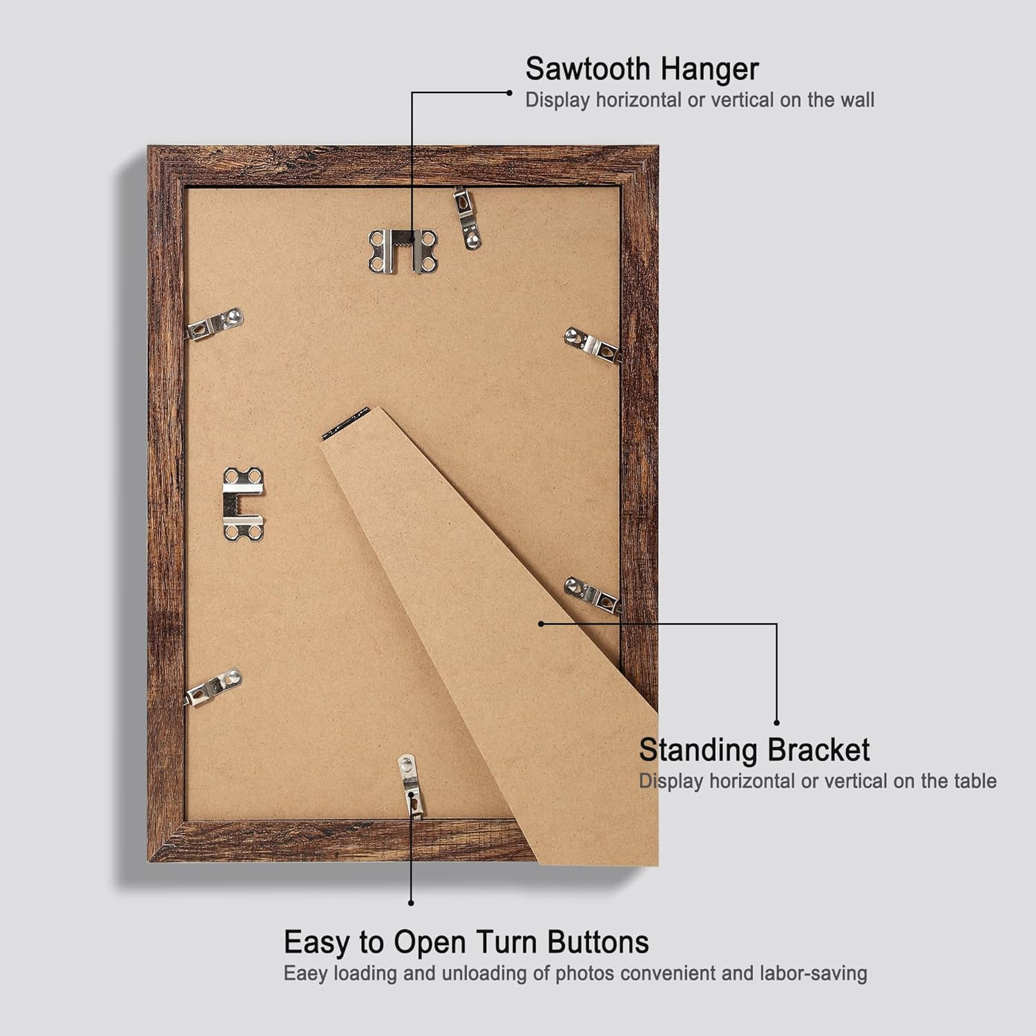 8x12 Picture Frame Set of 4, Made of Glass and Rustic Brown Wooden Frame - Display 6x8 Picture with Mat or 8 x 12 Poster Without Mat, 8 by 12 Photo for Wall or Tabletop