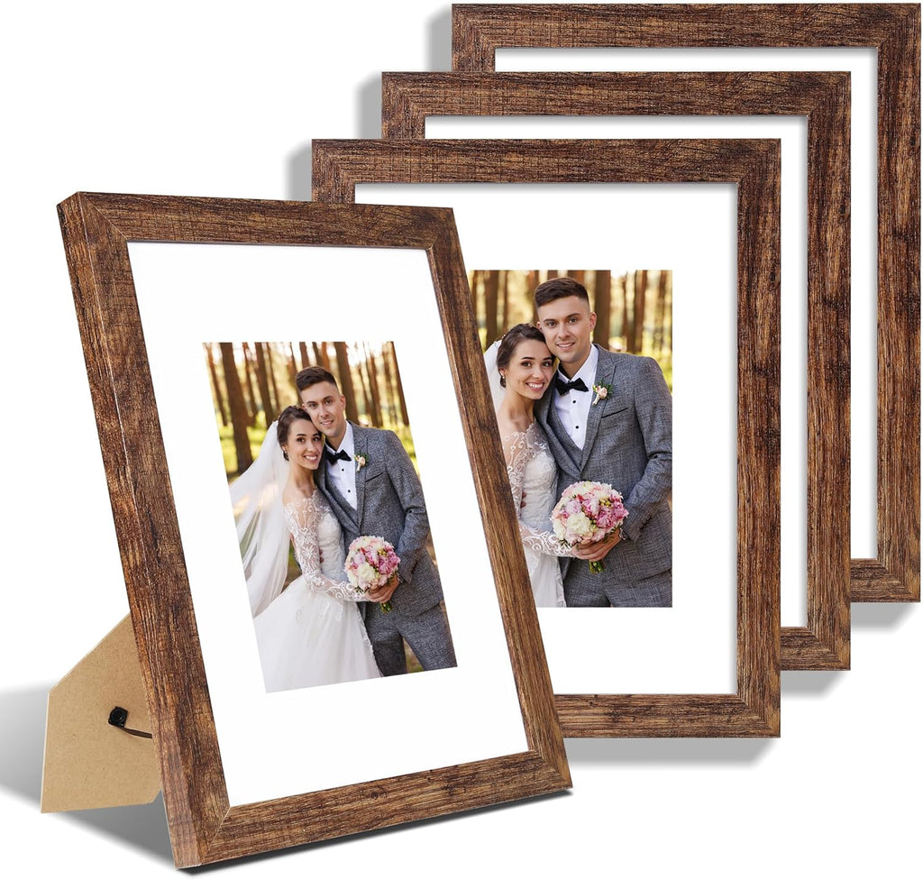 9x12 Picture Frame Set of 4, Made of Glass and Rustic Brown Wooden Frame - Display Picture 6x8 with Mat or 9 x 12 Without Mat, 9 by 12 Photo for Wall or Tabletop