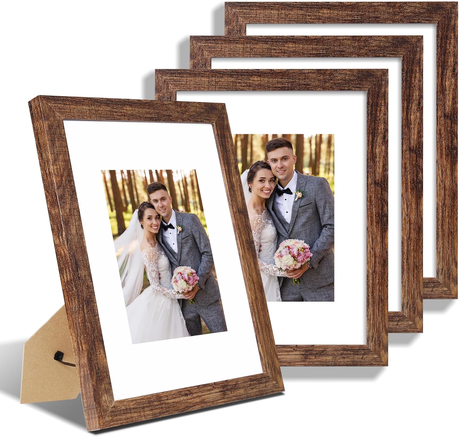 9x12 Picture Frame Set of 4, Made of Glass and Rustic Brown Wooden Frame - Display Picture 6x8 with Mat or 9 x 12 Without Mat, 9 by 12 Photo for Wall or Tabletop