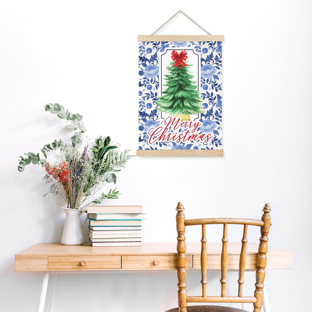 FDHSPAAM Blue and White Floal Chinoiserie Christmas Tree Wall Art Decor, Grandmillennial Christmas Decor, Preppy Red Bow Pine Tree Wall Art Posters for Home Bedroom Living Room, 12x16 Inch