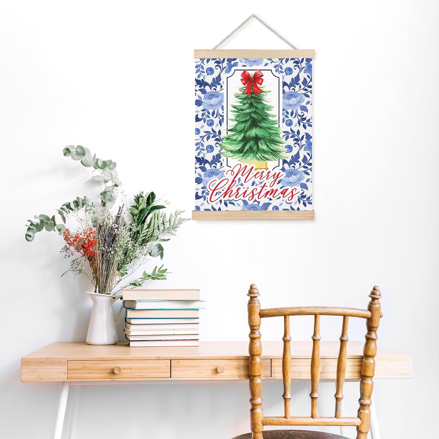 FDHSPAAM Blue and White Floal Chinoiserie Christmas Tree Wall Art Decor, Grandmillennial Christmas Decor, Preppy Red Bow Pine Tree Wall Art Posters for Home Bedroom Living Room, 12x16 Inch